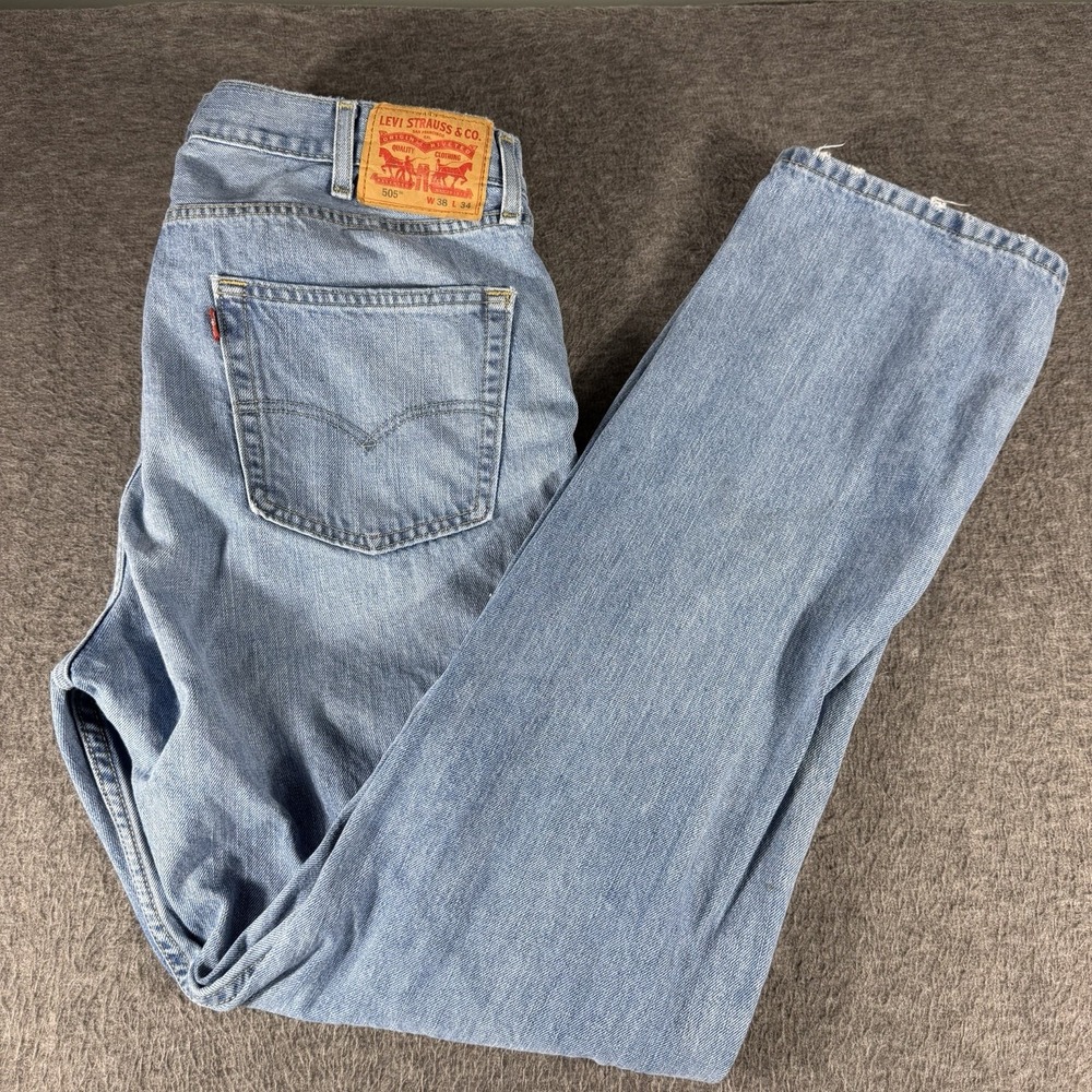 Levis 505 Regular Fit Straight Leg Jeans Blue Denim Mens 38x34 Distressed